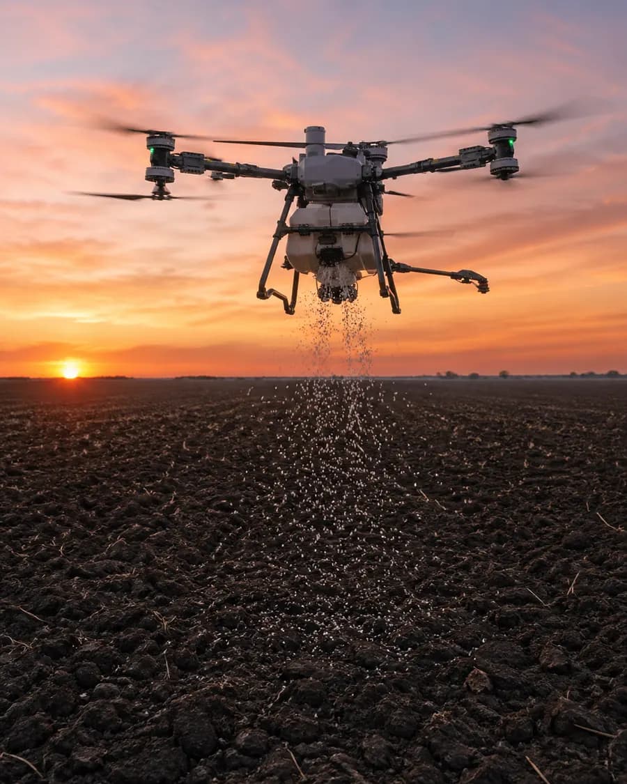Drone agrícola DJI realizando Siembra y Fertilización Aérea en cultivos del Norte Argentino